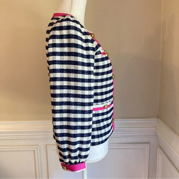 JCREW Navy Blue White Pink Gingham Check Plaid Ribbon Trim Lady Jacket Blazer - Picture 3 of 11